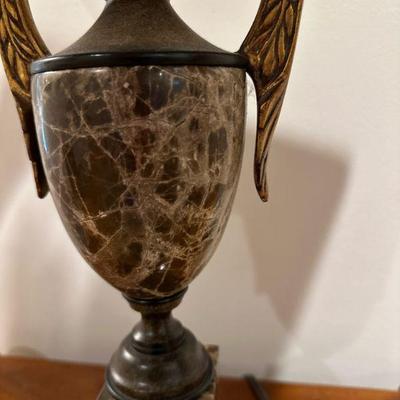 BROWN MARBLE URN LAMP WITH STRIPED SHADE