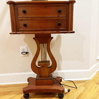 VINTAGE LYRE BASE CHERRY TWO DRAWER SIDE TABLE