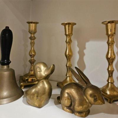 BRASS DUCK, BUNNY, CANDLESTICKS AND AN OLD SCHOOL BELL