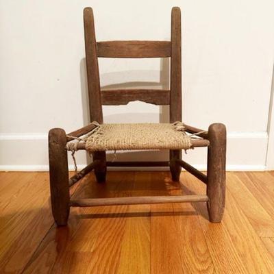ANTIQUE PRIMITIVE HAND MADE SLAT BACK WITH RAFFIA SEAT CHAIR