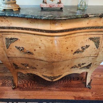 2 Drawer French Style Marble Top Burl Veneer Chest, 48â€ w x 36â€ h x 20â€ d