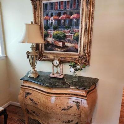 2 Drawer French Style Marble Top Burl Veneer Chest, 48â€ w x 36â€ h x 20â€ d
Painting - Large Gold Framed Parisian Sidewalk Cafe Oil...