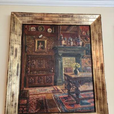 Gold Framed Oil Painting of Home Interior, 30â€ w x 35â€ h