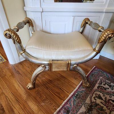 Pair of Cushioned Silver/Gold Rolled Arm Bench, 31â€ w x 27â€ h x 25â€ d