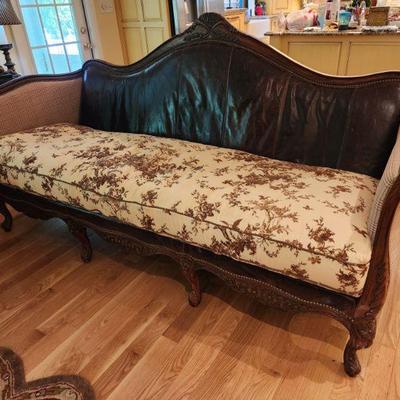 Elegant Rolled Arm Leather Back Floral Upholstered Sofa, 81â€ w x 46â€ h x 36â€ d