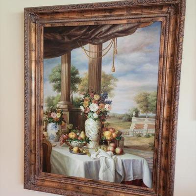 Framed Large Painting of Dining Still Life with Fruits and Flowers, 46â€ w x 58â€ h