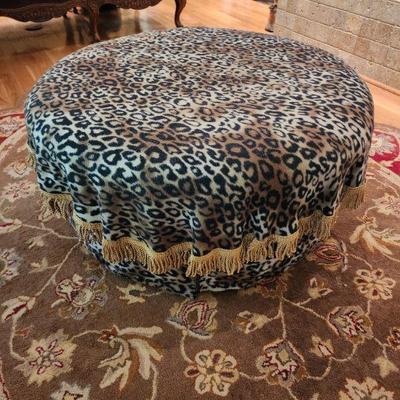 Large Round Ottoman in Leopard Print, 39â€ w, 17â€ h x 39â€ d