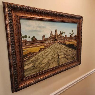Framed Painting of Pathway into Temple, Signed Tang Bun, 41â€ w x 29â€ h