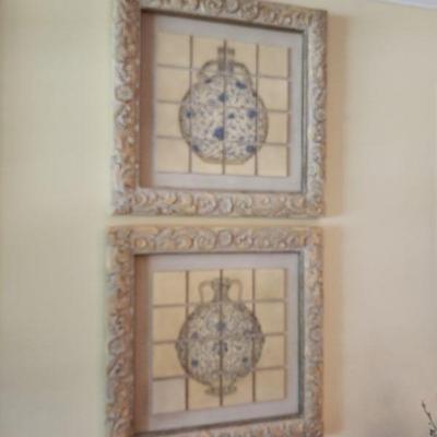 Pair of Framed Tile Mosaic Vase Art, 24â€ w x 24â€ h