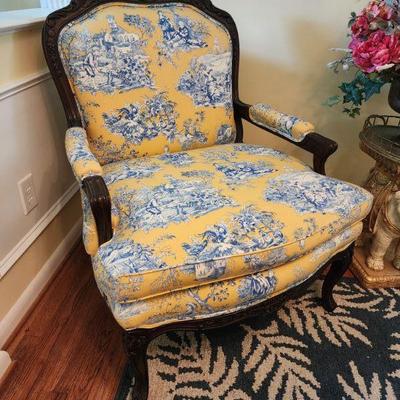 French Provincial Hickory White Yellow/Blue Toile Upholstery Chair, 34â€ w x 42â€ h x 30â€ d