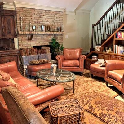 Great leather sofa, arm chairs, and ottomans