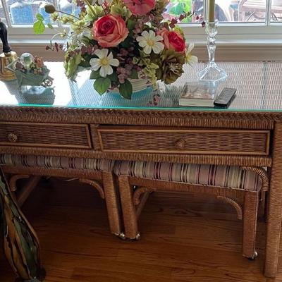 MCM style wrapped wicker console table