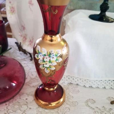 Czech or Bohemian enameled cranberry glass vase