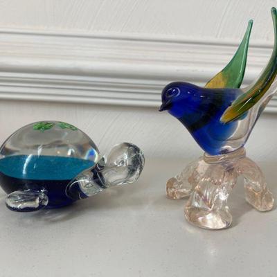 Sea Turtle Glass Paperweight and Glass Bird