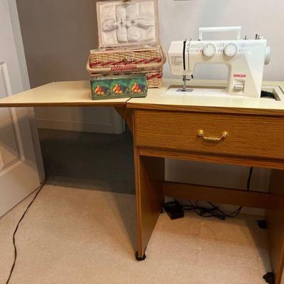 Singer Sewing Machine Cabinet & (2) Sewing Accessory Boxes