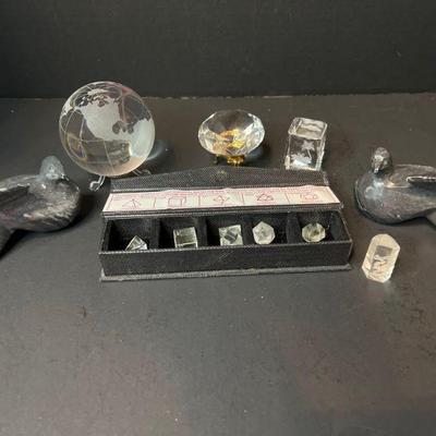 (2) Hand Carved Mineral Birds, Crystal Globe, Crystal Diamond and More
