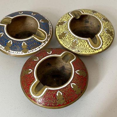 (3) India Brass Hand Painted Ashtrays