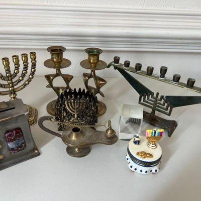 Assorted Brass Lamp, Menorah, and More