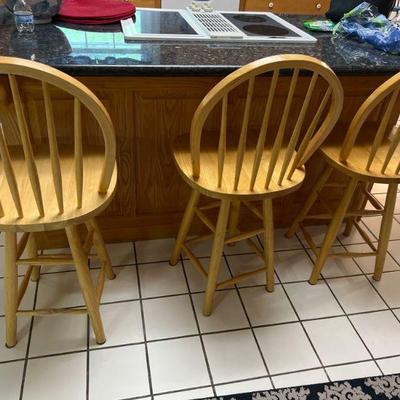 (3) Wooden Kitchen Counter Height Swivel Chairs