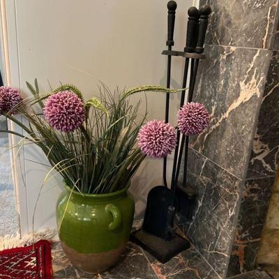 2 Handle Pottery Jug w/ Artificial Flowers & Fireplace Tools