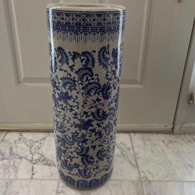 Floral Blue & Grey Porcelain Umbrella Cane Stand Holder Plant Vine Floor Vase 24" Tall