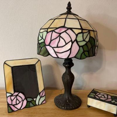 Vintage Tiffany Style Stained Glass Lamp, Picture Frame & amp; Trinket Box