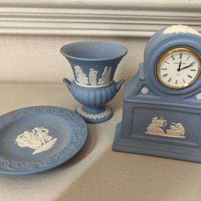 Wedgwood Blue Jasperware Mantle Clock, Plate and Urn