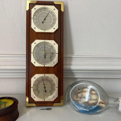 Hand Crafted Ship in Dimple Bottle, Ship Trinket Box & Springfield Barometer