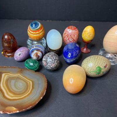 Agate Slice, Amber Egg with Insects Inside & Different Mineral Composition Eggs