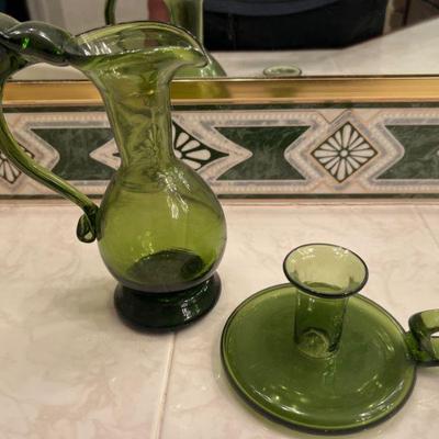 Colonial Blown Candlestick and Pitcher