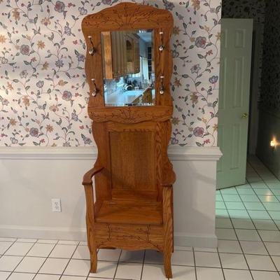Oak Hall Tree w/ Seat. Mirror & Storage
