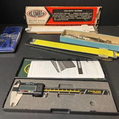Accumath & Picket Slide Rules, Digital Caliper & Dividers