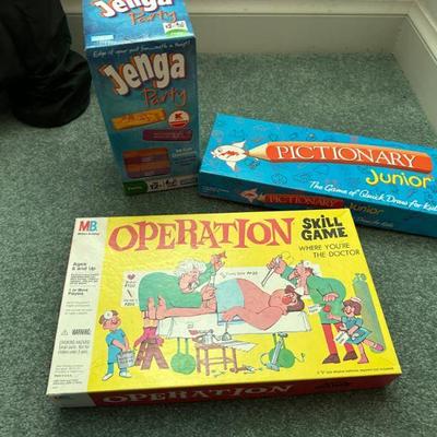 Operation, Pictionary Jr., and Jenga Games