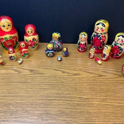 (3) Sets of Russian Matryoshka Nesting Dolls & (1) Roly Poly Chine Doll (Non Nesting)