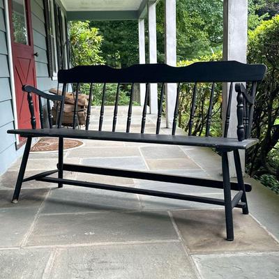 BLACK WOODEN BENCH | Black wood bench with H-stretcher, and spindle back & arms. - l. 60 x w. 17 x h. 34 in
