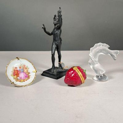 (3PC) LALIQUE, SA & OTHER DECORATIVE TABLE ITEMS | Including a cast metal satyr, a Lalique fish, and a Limoges miniature porcelain plate....