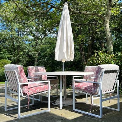 MEDALLION LEISURE FURNITURE MID-CENTURY PATIO SET | Includes 4 white aluminum chairs with floral pink cushions and round aluminum and...