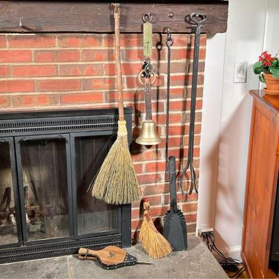 (9PC) MISC. FIREPLACE TOOLS | Includes cast iron poker, 2 small brooms, brass bell with leather handle, bellow, hanging scale, and more....