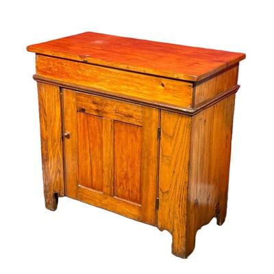 ANTIQUE WASH STAND | Wash stand cabinet with flip-top lid revealing metal lined basin with large storage cupboard underneath. - l. 31.25...