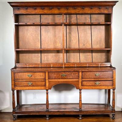 VERY FINE ANTIQUE WELSH DRESSER | Three plate racks with two rows of cup hooks over a lower row of 8 miniature drawers; the lower section...