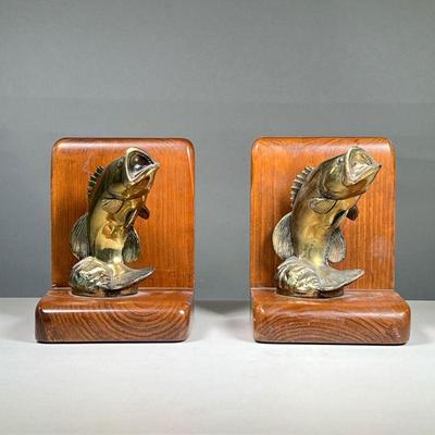 CORNWALL (MAINE) BRASS BASS BOOKENDS | Brass bass figurine bookends by Cornwall Wood Products So. Paris, Maine. - l. 5.5 x w. 5.6 x h....