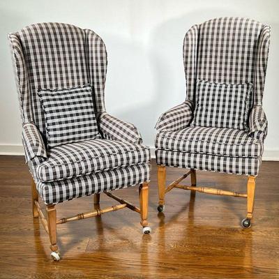 (2PC) FANCY DINING WINGCHAIRS | Each with plaid pattern, front legs with smart caster wheels, brass handle mounted on back. - l. 29 x w....