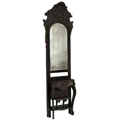 ANTIQUE AMERICAN PIER MIRROR | Decorated with birds and viney garlands on a concave barrel-back top; early glass; found in a basement...