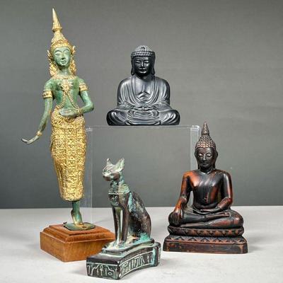 (4PC) MISC. ASIAN & OTHER DESK ITEMS | Including a standing Thai figure, two seated Buddhas (one composition and one metal), plus an...