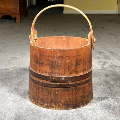ANTIQUE WOODEN BUCKET | Early iron banding with rose head nails. - h. 19 x dia. 13 in (over handle)
