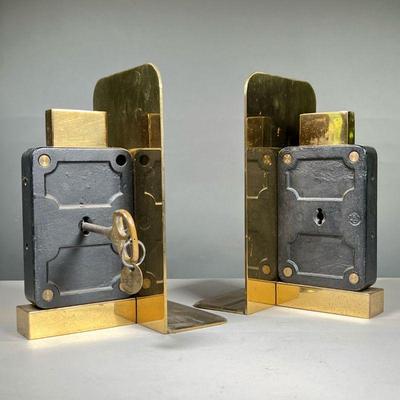 (2PC) LOCKPLATE BOOKENDS | Polished Brass, heavy bookends, each mounting a cast iron lock mechanism. One key fit bothâ€¦ Both locks...
