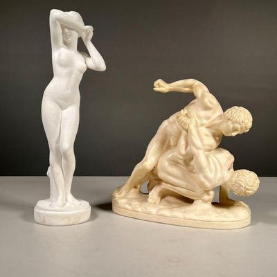 (2PC) REPRODUCTION MINIATURE SCULPTURES | Including composition, Greek, wrestling figures and the porcelain or Parian ware nude figure. -...