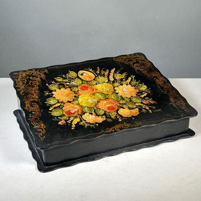 BLACK AND FLORAL DOCUMENT BOX | Black document box decorated with floral bouquet on front with mother of pearl inlay. - l. 14 x w. 11 x...