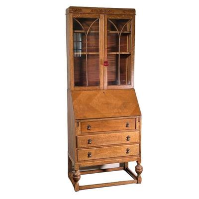SLANT LID BOOKCASE | double glazed doors over a fall front over three drawers; atypical narrow proportions. - l. 17 x w. 29 x h. 76 in
