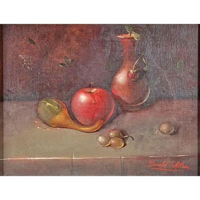 DONALD F. ALLAN (1927-2013) | Tabletop still life 11.25 x 14 in., Stretcher. Showing a gourd, apple pitcher grapes and berries upon a...